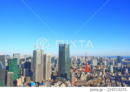 東京都港区、麻布台ヒルズ森JPタワーと東京タワーの風景 124513255