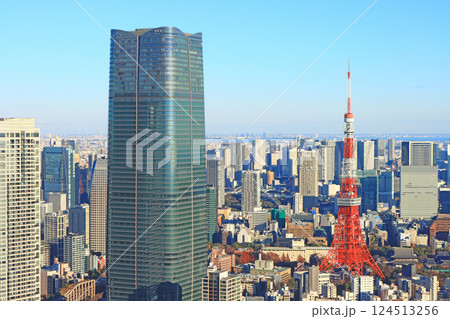東京都港区、麻布台ヒルズ森JPタワーと東京タワーの風景 124513256