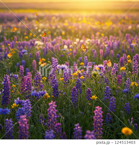Colorful Flower Field with Butterflies in Spring 124513403