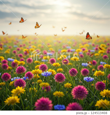 Colorful Flower Field with Butterflies in Spring 124513408