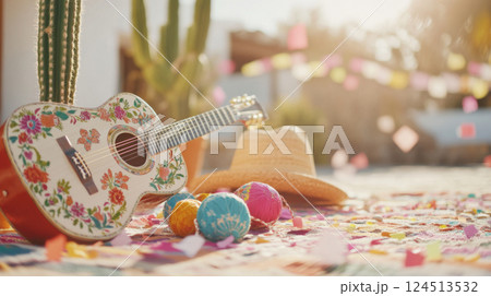 Mexican fiesta scene with guitar, sombrero, and colorful decorations 124513532
