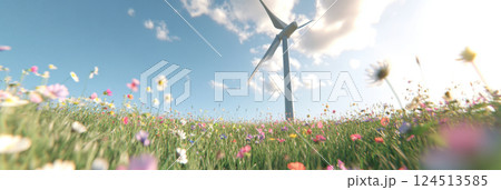 Wind turbine in vibrant wildflower meadow with clear blue sky, sustainable energy, Earth Day concept 124513585