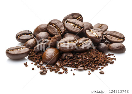 a burlap sack with dark coffee beans isolated on white background 124513748