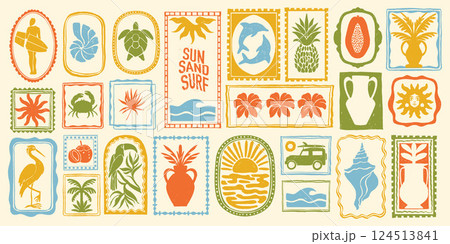 Summer beach tropical travel stamp, vector hand drawn ocean surf print set, coastal postage design.  124513841