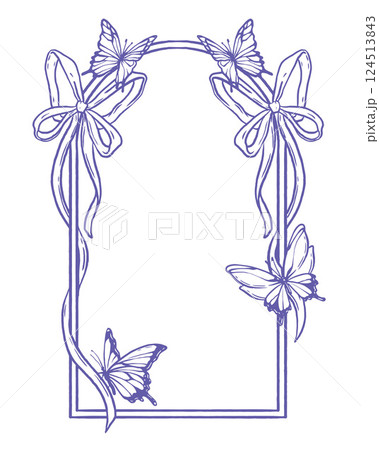 Spring wedding frame, doodle ribbon vector border, coquettish line invitation design, butterfly.  124513843