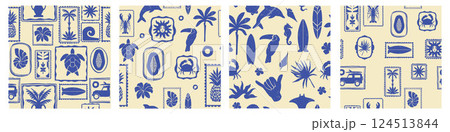 Tropical summer exotic seamless pattern set, vector hand drawn ocean surf vintage print texture.  124513844