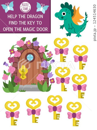 Woodland fairy matching activity with dragon looking for the key to open the magic door. Magic forest puzzle with fantasy animal. Fairytale match up game or page with enchanted garden lock Woodland fairy matching activity with dragon looking for the key to open the magic door. Magic forest puzzle with fantasy animal. Fairytale match up game or page with enchanted garden lock 124514630