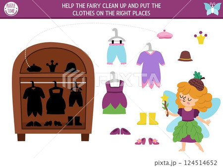 Woodland fairy shadow matching activity with girl, dresses, wardrobe. Magic forest puzzle with cute acorn princess. Find correct silhouette printable worksheet, game. Put clothes on right places Woodland fairy shadow matching activity with girl, dresses, wardrobe. Magic forest puzzle with cute acorn princess. Find correct silhouette printable worksheet, game. Put clothes on right places 124514652