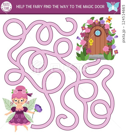 Fun maze for kids with flower fairy going to magic door entwined with roses. Fairytale princess printable activity with cute girl with wings. Enchanted forest, woodland labyrinth game or puzzle 124514665