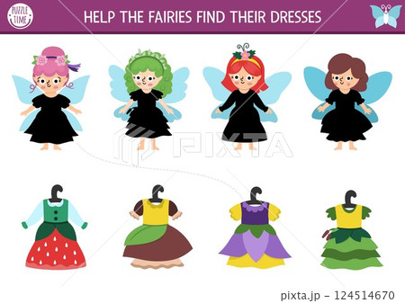 Woodland fairy matching activity with little girls with wings and missing dresses. Magic forest puzzle with flower, berry, mushroom princess, clothes. Fairytale match up page, printable worksheet 124514670