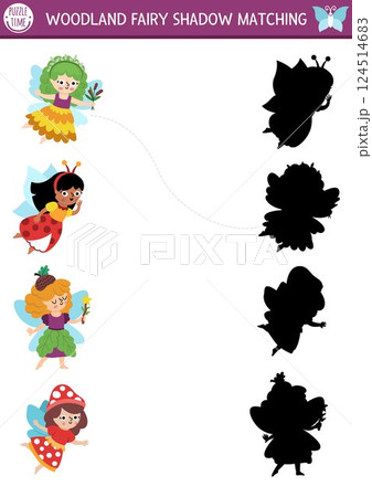 Woodland fairy shadow matching activity with little girl. Magic forest puzzle with cute mushroom, acorn princess. Find correct silhouette printable worksheet, game. Fairytale fantasy page for kid Woodland fairy shadow matching activity with little girl. Magic forest puzzle with cute mushroom, acorn princess. Find correct silhouette printable worksheet, game. Fairytale fantasy page for kid 124514683