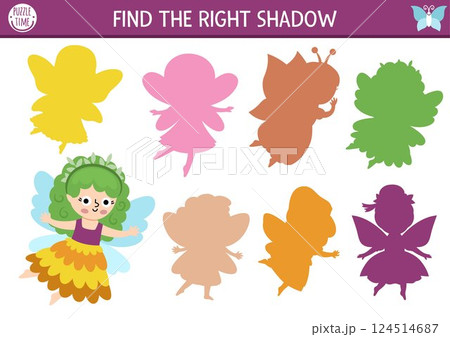 Woodland fairy shadow matching activity with little girl. Magic forest puzzle with cute swamp princess. Find correct silhouette printable worksheet, game. Fairytale fantasy page for kid Woodland fairy shadow matching activity with little girl. Magic forest puzzle with cute swamp princess. Find correct silhouette printable worksheet, game. Fairytale fantasy page for kid 124514687