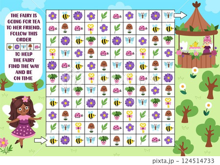 Woodland fairy maze, seek and find game. Attention skills puzzle. Magic forest printable activity for kids. Fairytale logical searching puzzle. Follow the order to help girl get to her friend to drink 124514733