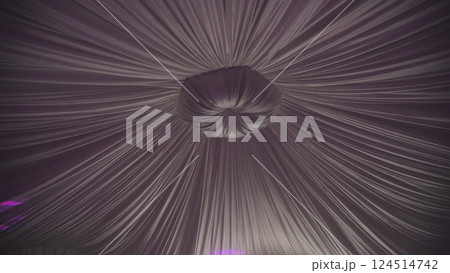 Billowing white fabric draping overhead, creating ethereal wedding decor with soft, romantic ambiance and graceful movement 124514742