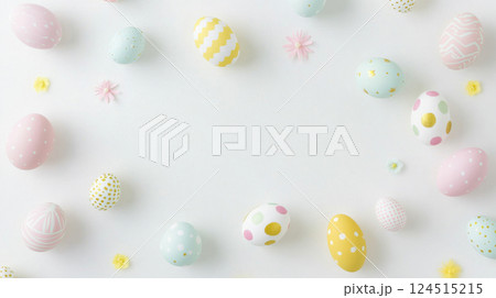 Easter eggs and daisies on white background with copy space 124515215