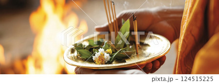 Indian man with tray of flowers and incense by fire during Holika Dahan 124515225