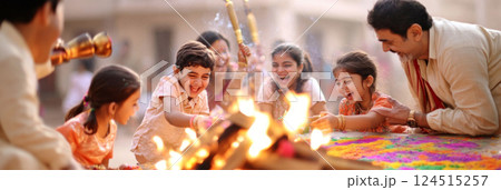 Indian family celebrating Holika Dahan with fire and colors Indian family celebrating Holika Dahan with fire and colors 124515257