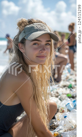 Young female volunteer is collecting plastic trash on the beach. Close up. Plastic bottles and other garbage polluted of a seaside. Ocean pollution. 124515299