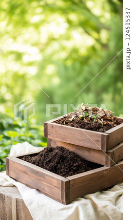 Compost bin filled with organic waste in lush garden environment 124515337