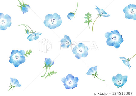 春の花：小さなネモフィラの花の水彩イラスト。背景模様。 124515397