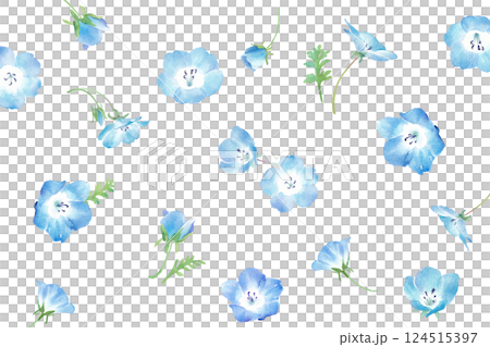 春の花：小さなネモフィラの花の水彩イラスト。背景模様。 124515397