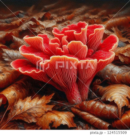 落ち葉の上に生えるカエンタケ 落ち葉の上に生えるカエンタケ 124515509