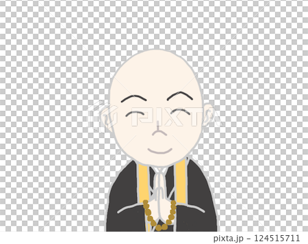 The face of a smiling monk with his hands together in prayer 124515711