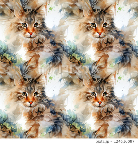 Watercolor pattern featuring realistic fluffy cats with intense gazes 124516097