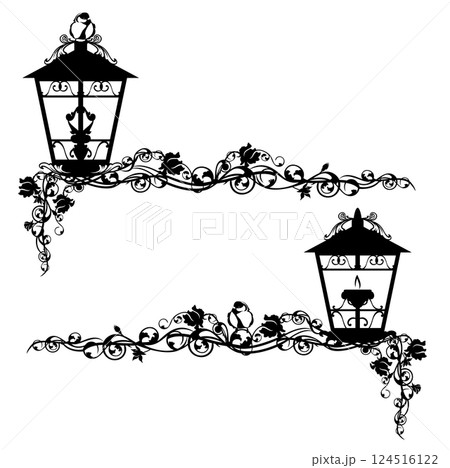 antique garden lantern and rose flowers black and white vector border 124516122