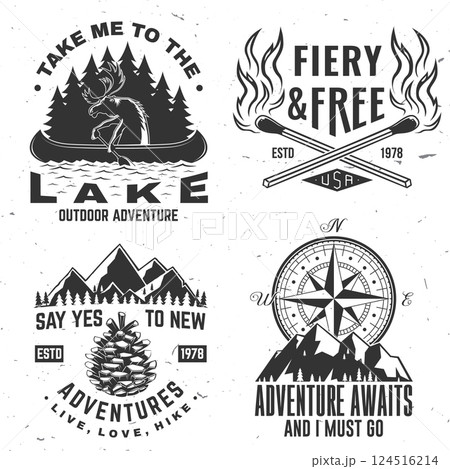 Set of outdoor adventure sticker. Vector. Vintage typography design with forest pine tree, matches box, matches stick, moose in canoe, lake and mountain silhouette 124516214