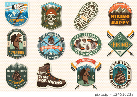 Set of hiking outdoor adventure patches. Hiking related typographic quote. Design with human skeleton hand holding hiker pole, hiking boot, pine cone, mountains. Set of hiking outdoor adventure patches. Hiking related typographic quote. Design with human skeleton hand holding hiker pole, hiking boot, pine cone, mountains. 124516238