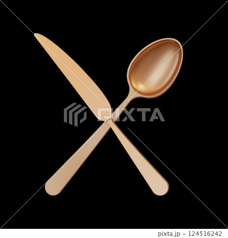 3d realistic crossed gold metal table knife and spoon placed on a black background. Vector illustration. Beautiful gold cutlery 3d realistic crossed gold metal table knife and spoon placed on a black background. Vector illustration. Beautiful gold cutlery 124516242