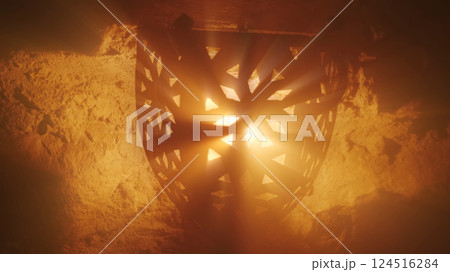 Old lantern with warm light rays in of old castle Old lantern with warm light rays in of old castle 124516284