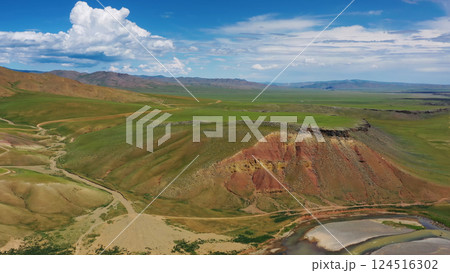 Aerial mountains landscape in Orkhon valley 124516302