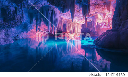 幻想的な色に照らされた洞窟内の湖 124516380