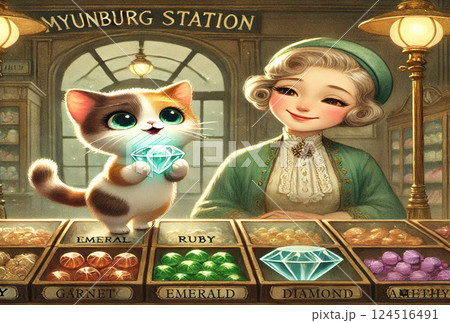みゅんべるく駅のポップアップストア　キラキラ宝石　うっとりする猫　ファンタジー絵　AI制作 124516491