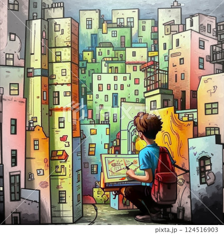 The artist paints a cityscape.A boy with disheveled hair paints a city street of a big city on an easel with a brush. AI generated. The artist paints a cityscape.A boy with disheveled hair paints a city street of a big city on an easel with a brush. AI generated. 124516903