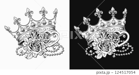 Black and white composition with crown, heart, bouquet with roses, pearl necklace. Luxury kitsch design. Detailed composition in vintage style. 124517054