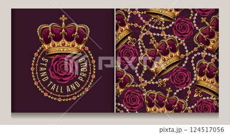 Circular label, seamless pattern with golden imperial crown, scattered jewelry, pearl necklaces, red roses. Luxury kitsch vintage style. 124517056