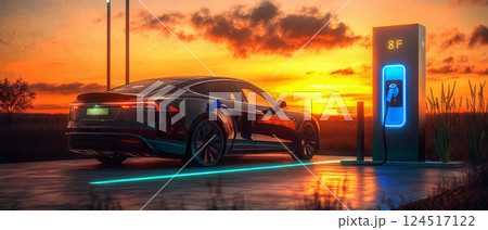 Electric car charging at sunset with vibrant sky and modern charging station atmosphere Electric car charging at sunset with vibrant sky and modern charging station atmosphere 124517122