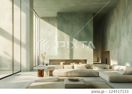 Minimalist modern living room with large windows and neutral tones in sunlit interior featuring cozy furniture 124517133