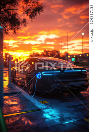 Sleek electric car charging at sunset with vibrant sky and modern urban landscape Sleek electric car charging at sunset with vibrant sky and modern urban landscape 124517152