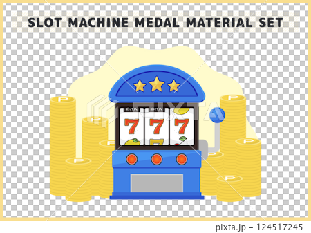 7が揃ったスロットマシンと大量のメダルのイラスト背景素材セット 7が揃ったスロットマシンと大量のメダルのイラスト背景素材セット 124517245