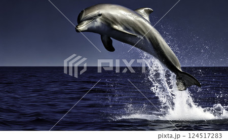 Dolphin gracefully leaps from the ocean, creating a spectacular splash 124517283