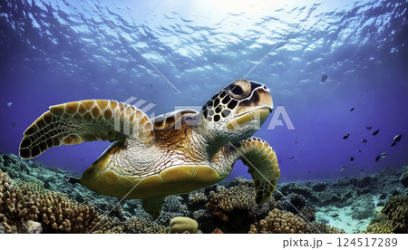 Vibrant green sea turtle glides through a sunlit coral reef Vibrant green sea turtle glides through a sunlit coral reef 124517289