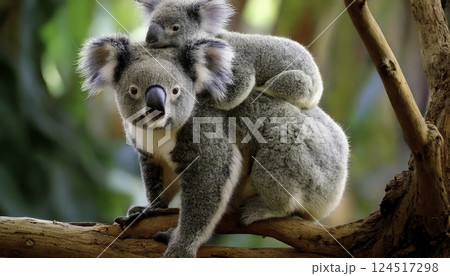 Mother koala carries her joey on her back 124517298
