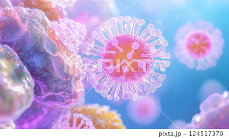 vibrant 3D illustration of microscopic viruses in colorful environment, emphasizing health and food safety concerns in scientific context 124517370