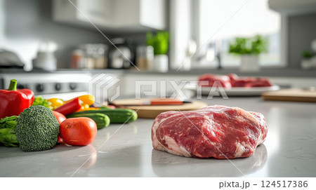 Fresh raw meat on clean kitchen counter surrounded by colorful vegetables, emphasizing food safety and healthy meal preparation Fresh raw meat on clean kitchen counter surrounded by colorful vegetables, emphasizing food safety and healthy meal preparation 124517386