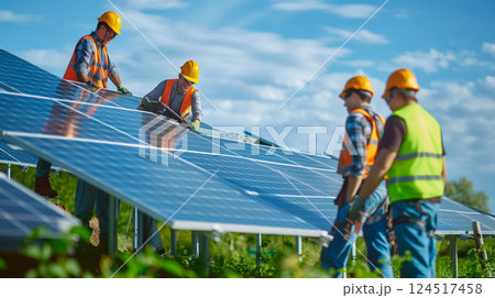 Engineer or worker work installing solar cells on solar roof panel. Engineer or worker work installing solar cells on solar roof panel. 124517458