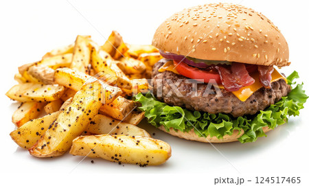 burger and fried potatoes isolated on white background. burger and fried potatoes isolated on white background. 124517465